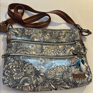 Sakroots Crossbody Bag Coated Canvas Navy Blue & Cream Brown Canvas Strap EUC